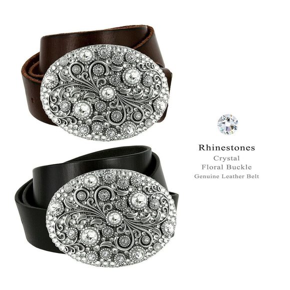 Timeless Tranquility Rhinestone Crystal Floral Buckle Genuine Leather Belt☺️ - Picture 2 of 6